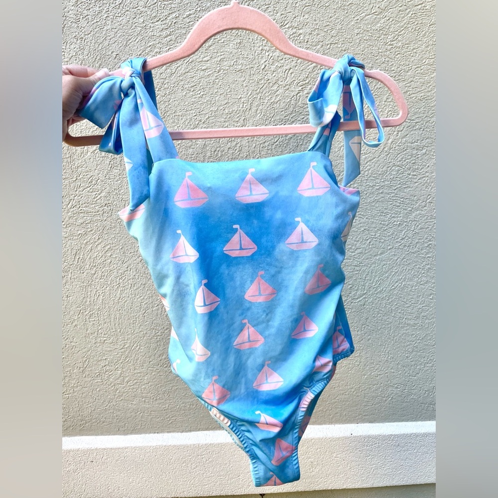 Women’s  Sailboat One-Piece Swimsuit with Tie Shoulder Straps